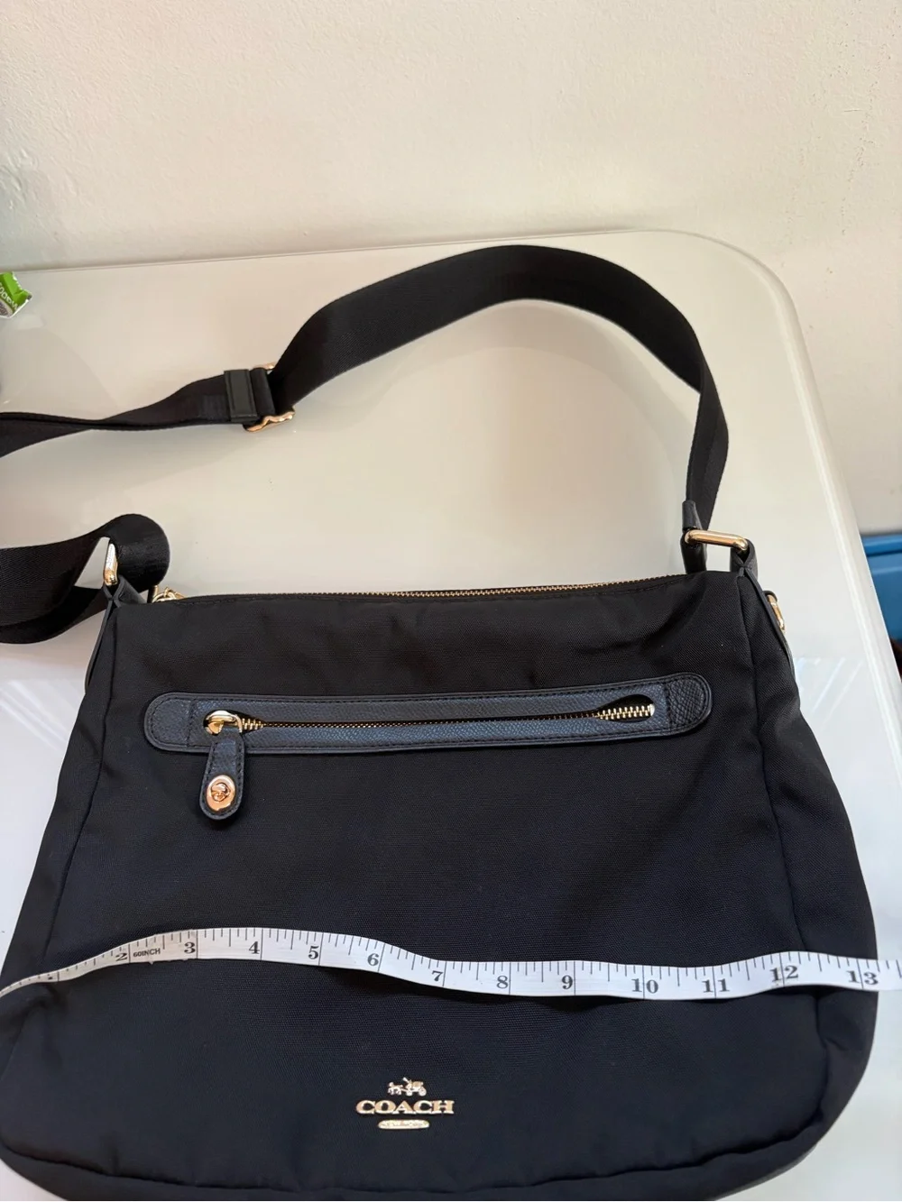 Y2K Coach Black Nylon Messenger Bag with Gold Accents and leather trim